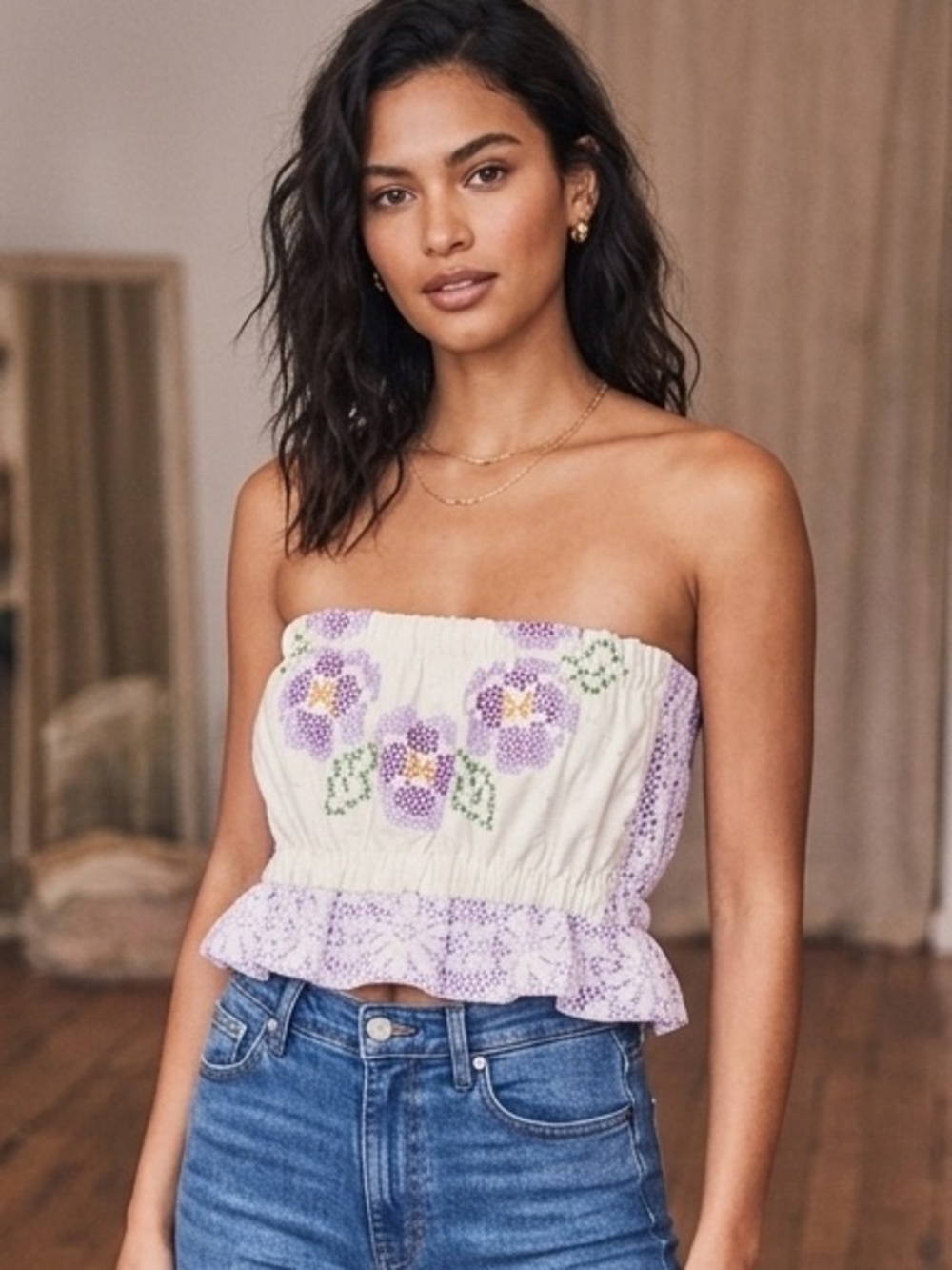 LoveShackFancy Quilted Cross-Stitch Lace Bandeau Tube Top